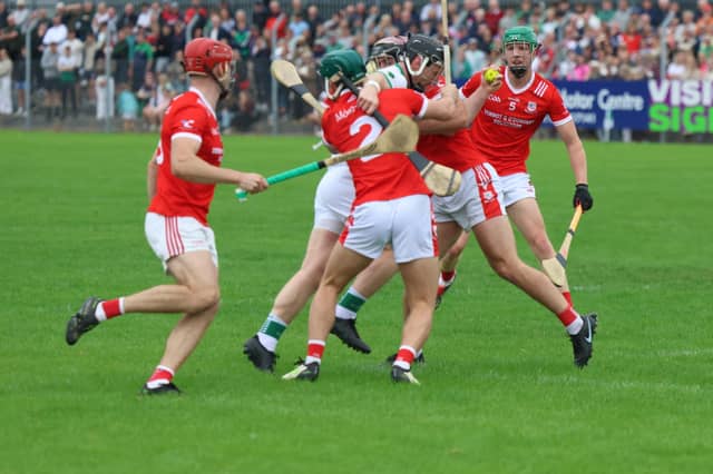 Ballybrown's Bryan Griffin heads towards goal surrounded by four Monaleen players during their Limerick Senior Hurling Championship Group 1 game in Claughaun