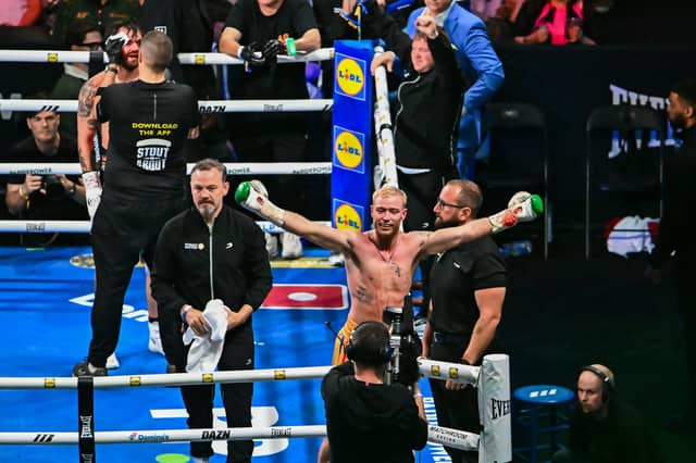 Paddy Donovan celebrates after being declared victorious in his welterweight bout with Tyrone McKenna at the Once Upon A Time fight night in Croke Park