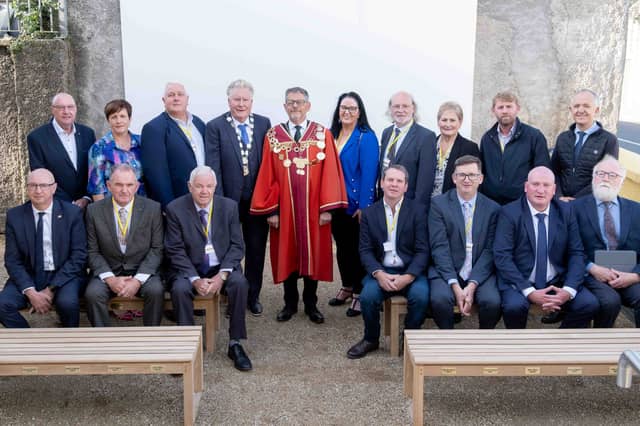 Mayor of Limerick, John Moran and Príomh Chomhairleoir, Cllr Tom Ruddle with members of the Dromcollogher ’26 Committee, local elected representatives and Council staff at the official opening of the upgraded Dromcollogher Memorial Library and Memorial Garden