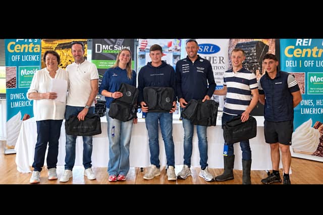 Patricia McCormack, Commodore, Foynes Yacht Club, presenting prizes to Crew of Stouche who came 2nd in the J24 National Championship held in Foynes last weekend: Noel McCormack, Mary McCormack, Oisin Finucane, Darragh McCormack,(Helmsman), Eoin Boylan, and Tadhg Shanahan, McHale Komatsu, main sponsor of the event
