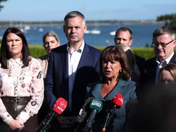 Mary Lou McDonald speaking at the Sinn Féin think-in, in Malahide, Co Dublin, on Wednesday