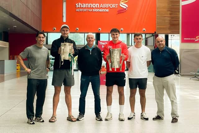 Limerick hurlers Seán Finn, Gearóid Hegarty, Cathal O'Neill and Aidan O'Connor with manager John Kiely and Mike O'Riordan ahead of their trip to New York