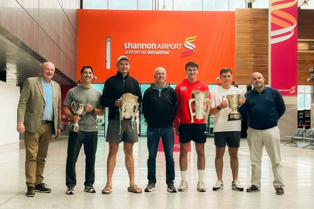 Joe Hannon, Seán Finn, Gearóid Hegarty, John Kiely, Cathal O'Neill, Aidan O'Connor and Mike O'Riordan at Shannon Airport before the trip to New York