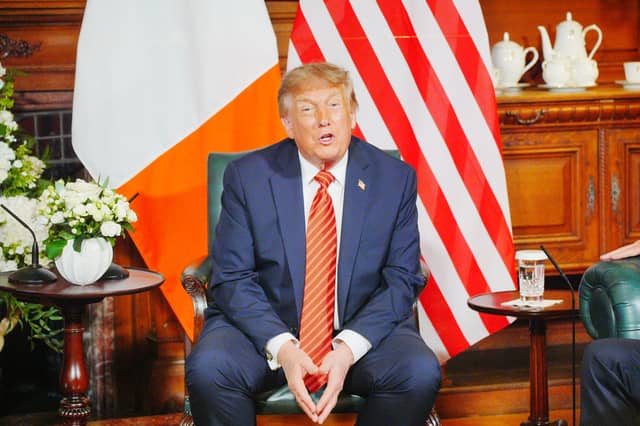 President Donald Trump speaking to reporters at Farmleigh House in Dublin