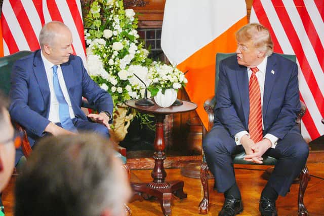 President Donald Trump and Taoiseach Micheál Martin speaking to reporters at Farmleigh House in Dublin