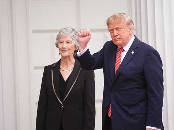 President Catherine Connolly welcomes US President Donald Trump as he arrives for a meeting at Aras an Uachtarain