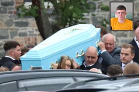 Pallbearers carry the coffin of the late Bryan Lowe this Saturday morning. The teenager, inset, lost his life as a result of a hit-and-run last weekend 
