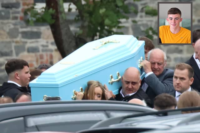 Pallbearers carry the coffin of the late Bryan Lowe this Saturday morning. The teenager, inset, lost his life as a result of a hit-and-run last weekend