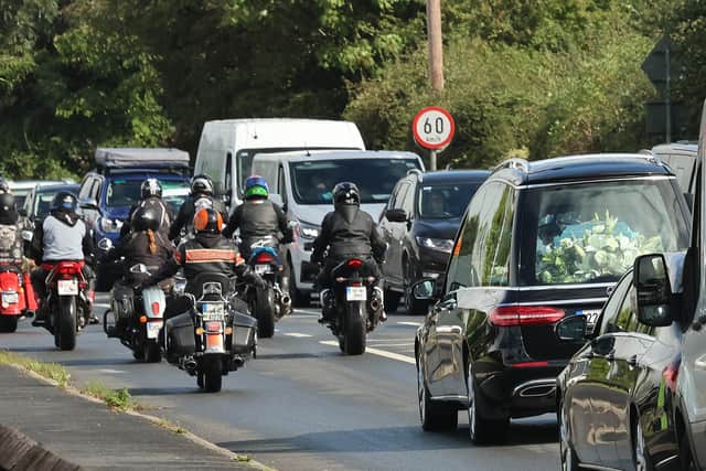 Bikers escorted the hearse carrying the late Bryan Lowe to his final resting place