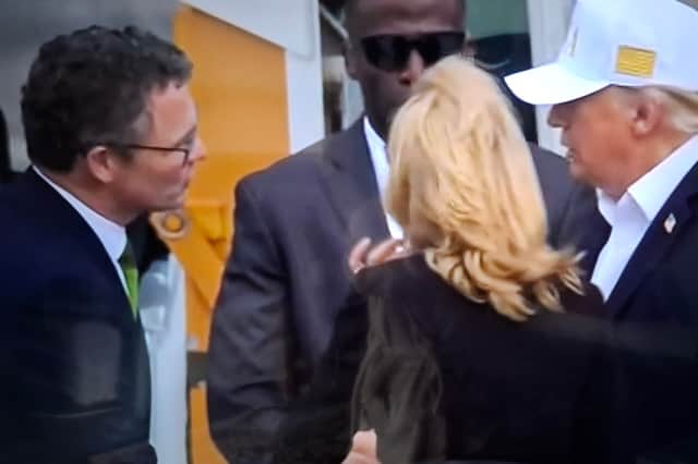 Minister for Sport Patrick O'Donovan greets US President Donald Trump on the runway at Shannon Airport