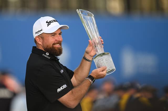 Shane Lowry celebrates with the trophy after winning the Amgen Irish Open Golf Championship 2026 at Trump International Golf Links in Doonbeg
