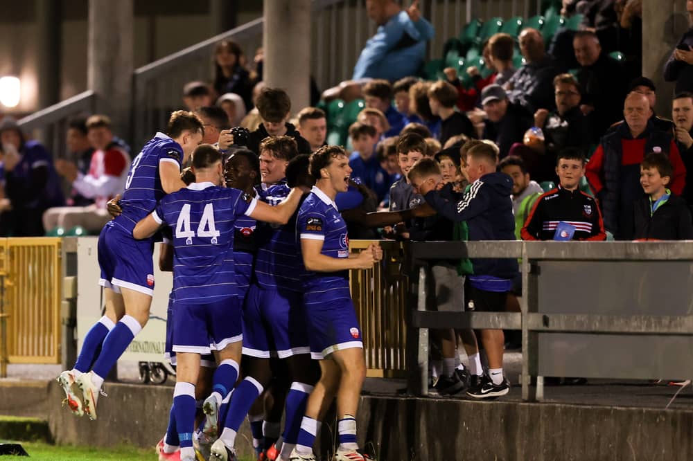 Treaty United players celebrate their side's second goal scored by Fuhad Kareem, during the SSE Airtricity Men's First Division match between Treaty United and Cork City at the Markets Field last month