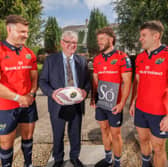 Munster players Fineen Wycherley, Alex Nankivell and Diarmuid Kilgallen were pictured with Pat McDonagh, Só Hotels, at the Castle Oaks House Hotel, following the sponsorship announcement