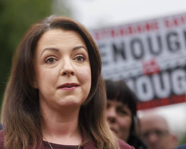 Infrastructure Minister Liz Kimmins speaking to media outside the Court of Appeal in Belfast