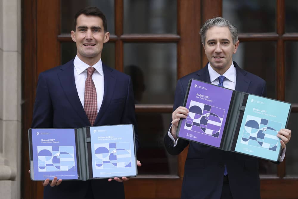 Public Expenditure Minister Jack Chambers and Finance Minister Simon Harris with the Budget 2027