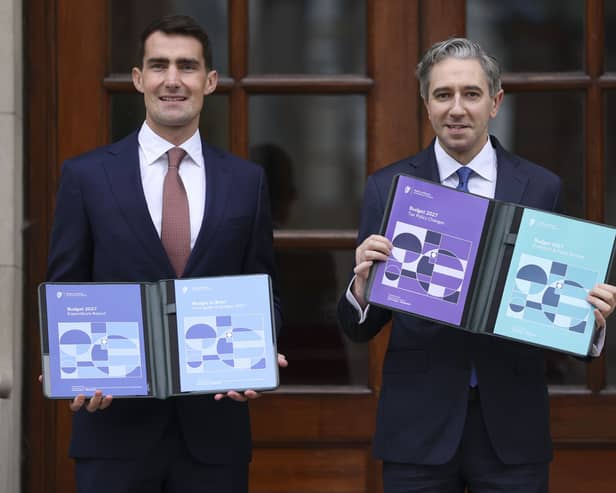 Public Expenditure Minister Jack Chambers and Finance Minister Simon Harris with the Budget 2027
