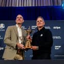 Team USA captain Jim Furyk, left, and Team Europe captain Luke Donald with the Ryder Cup trophy after the 2027 Ryder Cup Year To Go Celebration media conference at Adare Manor 