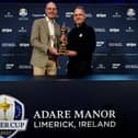 Team United States captain Jim Furyk, left, and Team Europe captain Luke Donald with the Ryder Cup trophy during the 2027 Ryder Cup Year To Go Celebration media conference at Adare Manor
