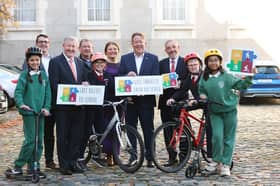 Pictured at Government Buildings are Darragh O’Brien TD, Jerry Buttimer TD, Seán Canney TD, Finola O’Driscoll, Joe Seymour, Thomas Connell  and school children Danni Gilmore (10) and Kyle Gerie (11) from Sylane National School Tuam Co. Galway and Gourika Anand (11) and Anna O'Connor (11) from St Colmcilles Girls National School Swords