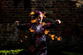 Pictured is Sharon O'Brien of Irish Street Arts Circus performing at the launch of Halloween in Limerick 2026 PICTURE: KEITH WISEMAN