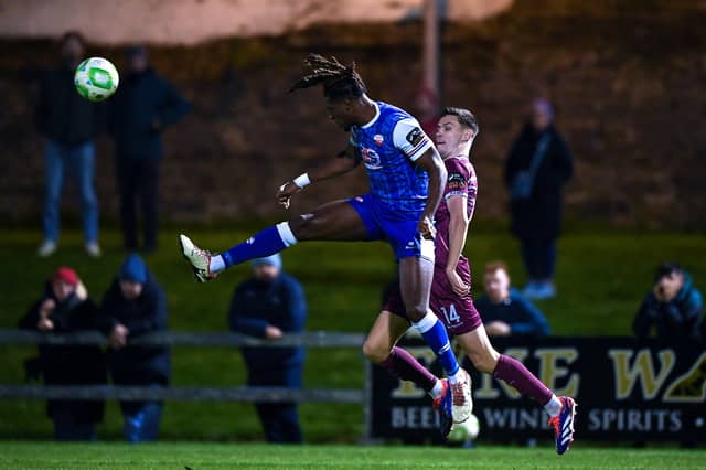Richkov Boevi of Treaty United in action against Cian Coleman of Cobh Ramblers during last season's SSE Airtricity Men's First Division play-off semi-final first leg match between Treaty United and Cobh Ramblers at Markets Field