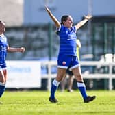 Ciara Breslin of Treaty United celebrates after scoring her side's first goal during the SSE Airtricity Women's Premier Division match between Treaty United and Waterford at Markets Field in March