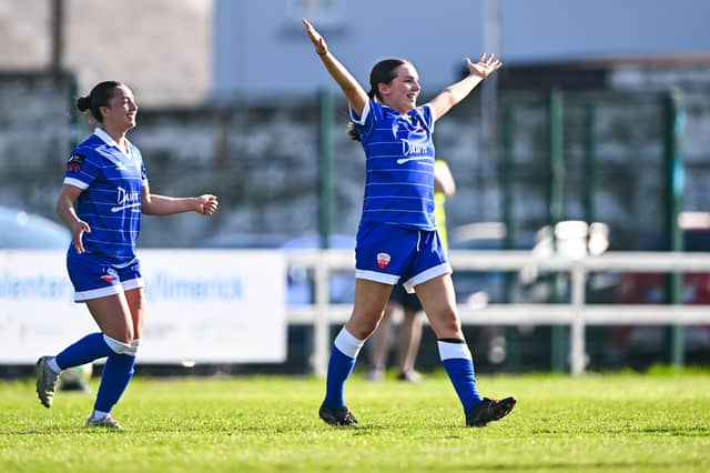 Ciara Breslin of Treaty United celebrates after scoring her side's first goal during the SSE Airtricity Women's Premier Division match between Treaty United and Waterford at Markets Field in March