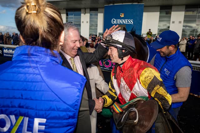 Eric McNamara and jockey Patrick O’Brien after French Dynamite’s win in the BOYLE Sports Munster National at Limerick last year