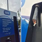 A cut cable from an EV charger at the Crescent Shopping Centre