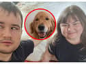 Ukrainian refugees Pavlo Romaniuk, 31, and Yuliia Nahaiets, 30, with their faithful guide dog Amigo.