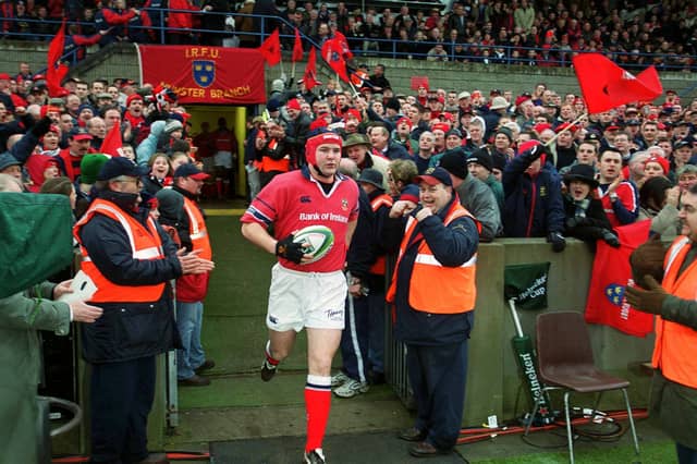 Anthony Foley leads the Munster team out onto the pitch before the game to earn his 50th cap for against Gloucester in their epic Heineken European Cup match at Thomond Park in 2003
