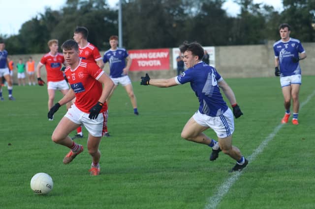 Shane Barry of Mungret St Paul’s and Cian O'Sullivan of Kildimo-Pallaskenry contesting for the ball in the Irish Wire Products SFC semi-final