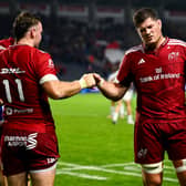 Seán O'Brien, left, and Jack O'Donoghue of Munster celebrate after their side's win in the Investec Champions Cup Round 1 win over Racing 92
