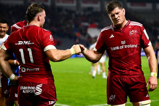 Seán O'Brien, left, and Jack O'Donoghue of Munster celebrate after their side's win in the Investec Champions Cup Round 1 win over Racing 92