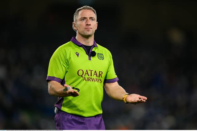 Referee Andrew Brace during the United Rugby Championship match between Leinster and Ulster at the Aviva Stadium last December