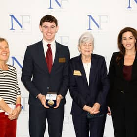 School representative Jill Stoney, winning Limerick scholar Art Thornbury, founding patron Carmel Naughton, and Minister for Health Jennifer Carroll MacNeill TD at the 2026 Naughton Foundation Scholarship awards