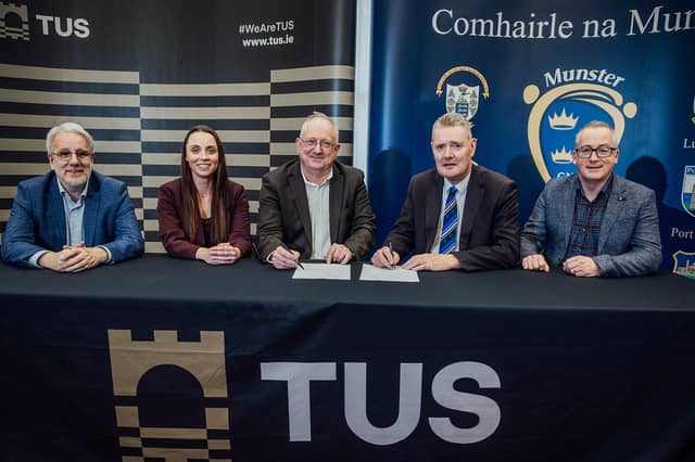 At the signing of the Memorandum of Understanding aimed at supporting referees were: Dr James Griffin, Dean of Business and Humanities, TUS; Dr Amy McGuire, Head of Sport, Leadership & Human Performance TUS; Jimmy Browne, Chief Operations Officer, TUS; Tim Murphy, Chairperson, Munster GAA, and Kieran Leddy, Chief Executive Officer, Munster GAA