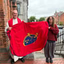 ​Canon Derek Leonard with Limerick School of Art and Design student Gabriele Bosella, and the vestment he created | PICTURE: SHEILA CURTIN