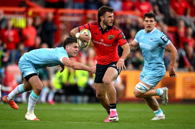 Alex Nankivell breaks the tackle of Dan Lancaster of Glasgow Warriors during the United Rugby Championship match between Munster and Glasgow Warriors in September