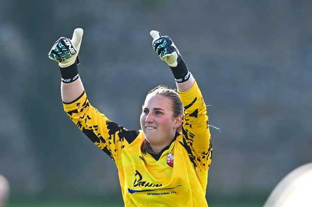 Treaty United goalkeeper Katherine Hess celebrates her side's second goal during the SSE Airtricity Women's Premier Division match between Treaty United and Waterford at Markets Field earlier this season