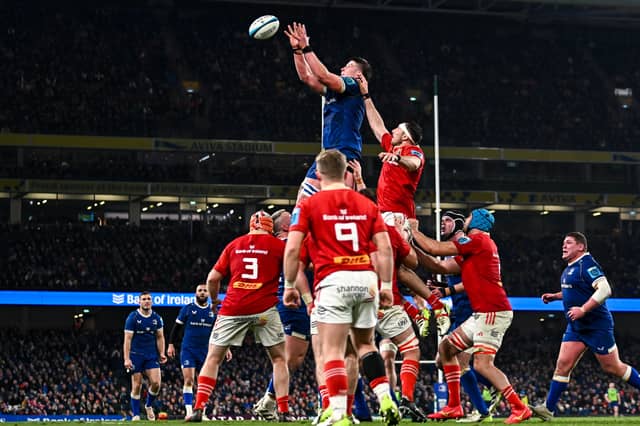 Action from Munster's URC clash with Leinster at the Aviva Stadium in 2023