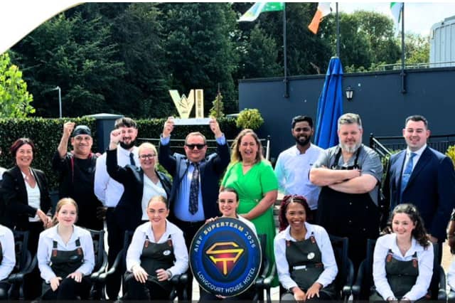 Mario Puchowski, general manager of Longcourt House Hotel, pictured with his team and Elaine Carroll, the joint chief executive of the All-Ireland Business Federation. It comes as the hotel celebrates being named in the Business All-Star SuperTeam 2026