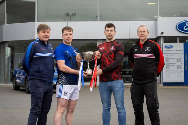 Paul Neenan, selector and Shane Scully Dromin Athlacca, Joint Captain pictured with Paddy O'Leary, Manager and Paul O'Riordan, Bruff Captain at the Lyons of Limerick Limerick Intermediate Hurling Final Launch