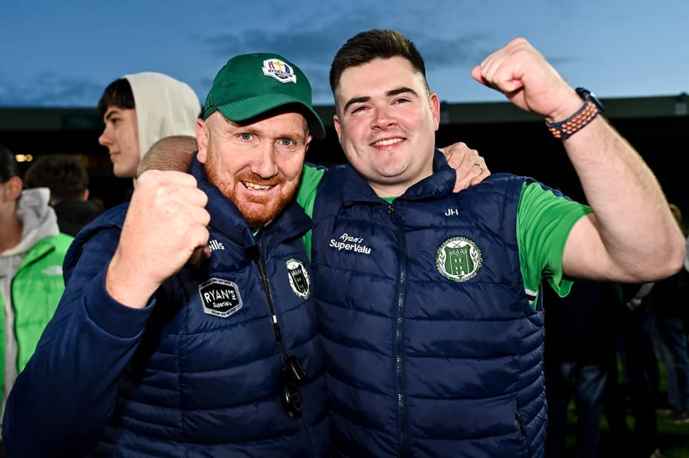 Kilmallock coach Noel Mackey, left, and manager James Hickey after their side's victory in the Limerick Senior Hurling Championship final