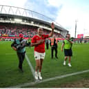 Simon Zebo waves to supporters as he leaves the pitch for the last time before retirement after the United Rugby Championship semi-final match between Munster and Glasgow Warriors at Thomond Park in 2024
