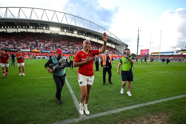 Simon Zebo waves to supporters as he leaves the pitch for the last time before retirement after the United Rugby Championship semi-final match between Munster and Glasgow Warriors at Thomond Park in 2024