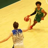 Sebastian Cole, Limerick Celtics in possession of the ball against Alex Carlisle of Limerick Eagles in the Men's Super League Limerick derby at UL Arena