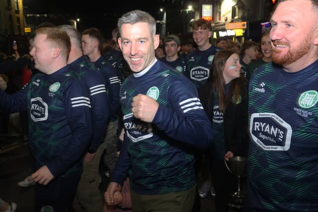 Kilmallock captain Graeme Mulcahy celebrates as his side returned home after the Whitebox Senior Hurling Championship success