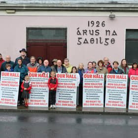 Newcastle West residents protest outside the Áras na Gaeilge building in Newcastle West | PICTURE: Adrian Butler