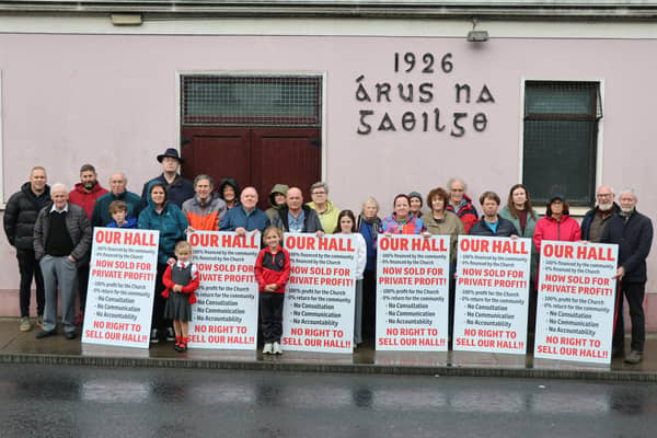 Newcastle West residents protest outside the Áras na Gaeilge building in Newcastle West | PICTURE: Adrian Butler